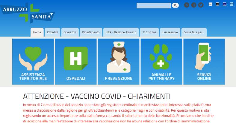 Ultime notizie di Cronaca in Abruzzo - CORONAVIRUS: ABRUZZO, BOOM ACCESSI PIATTAFORMA VACCINO Ultime notizie di Cronaca in Abruzzo - CORONAVIRUS: ABRUZZO, BOOM ACCESSI PIATTAFORMA VACCINO