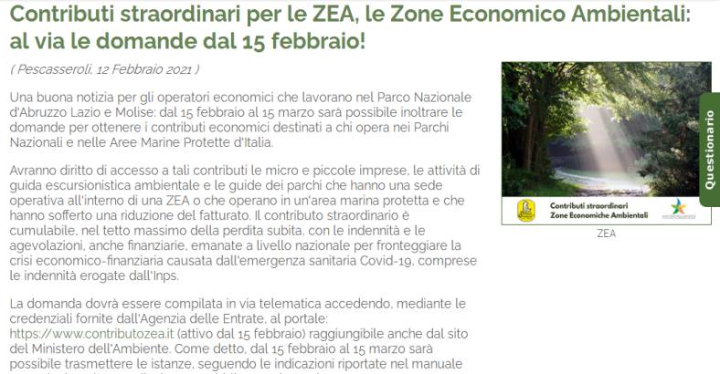 Ultime notizie di Economia in Abruzzo - PARCO ABRUZZO: BANDO CONTRIBUTI PER OPERATORI IN AREE ZEA